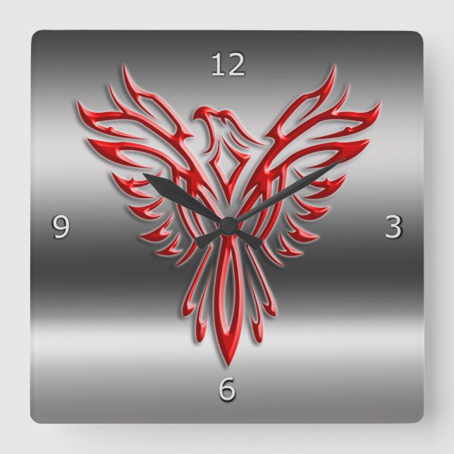 Red stylized Phoenix Rising on metallic-look Square Wall Clock (Front)