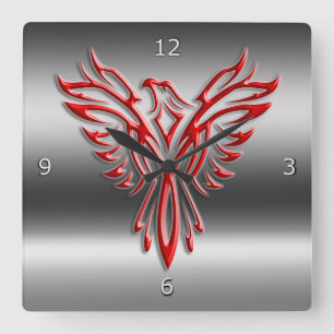 Red stylized Phoenix Rising on metallic-look Square Wall Clock