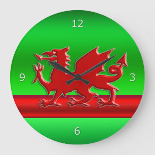 Red stylized Welsh Dragon on green metallic-look Large Clock