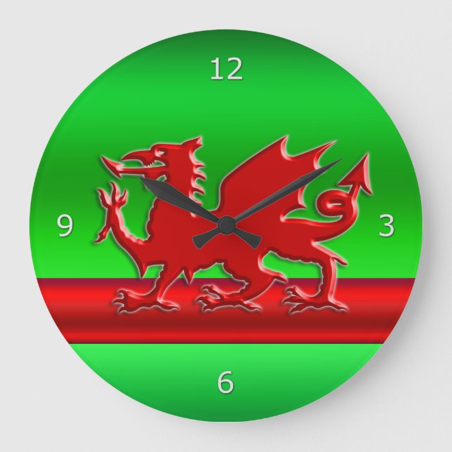 Red stylized Welsh Dragon on green metallic-look Large Clock (Front)
