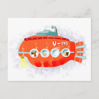 Red submarine with cute animals onboard postcard