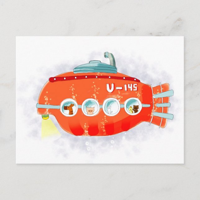 Red submarine with cute animals onboard postcard (Front)
