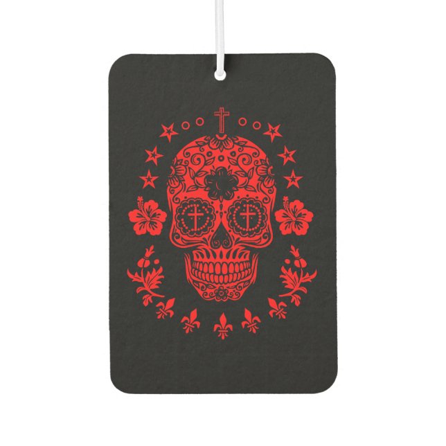Red Sugar Skull and Cross with Fleur De Lis Car Air Freshener (Front)