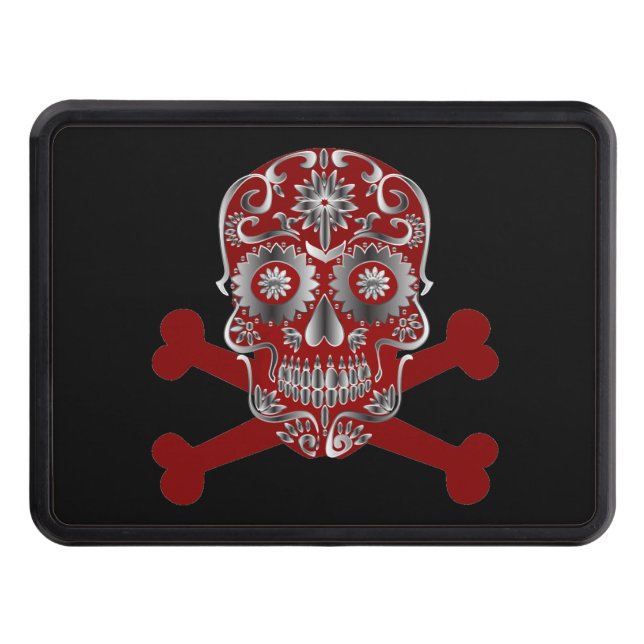Red Sugar Skull Day Of The Dead Skull Crossbones Trailer Hitch Cover (Front)