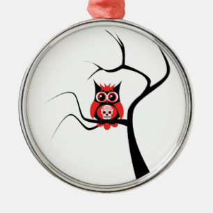 Red Sugar Skull Owl in Tree Ornament