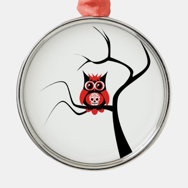 Red Sugar Skull Owl in Tree Ornament (Front)
