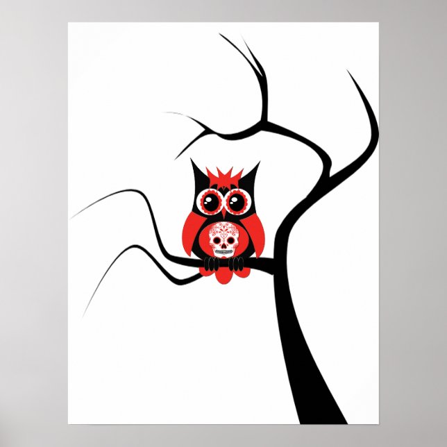 Red Sugar Skull Owl in Tree Poster (Front)