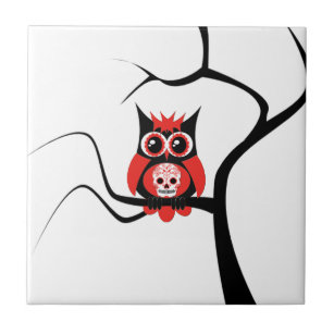 Red Sugar Skull Owl in Tree Tile