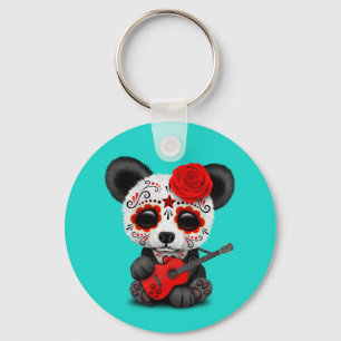 Red Sugar Skull Panda Playing Guitar Keychain