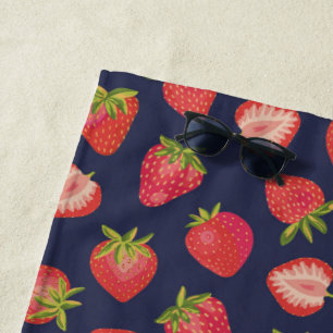Red Summer Strawberry Fruit Dark Blue Beach Towel