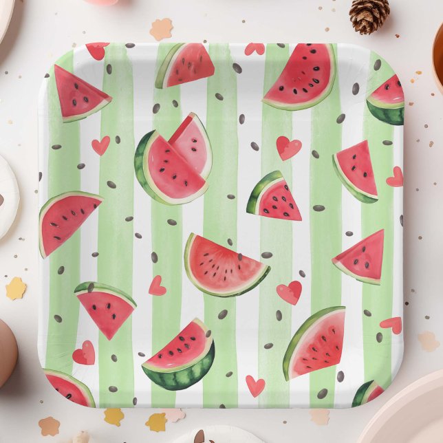 Red Summer Watermelon Fruit Themed Cute Girl  Paper Plate (Summer Birthday Red Watercolor Watermelon, Girl Party Paper Plates.)