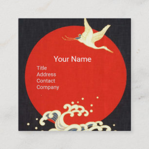 RED SUN,FLYING JAPANESE CRANES,SEA WAVES BLACK RED SQUARE BUSINESS CARD