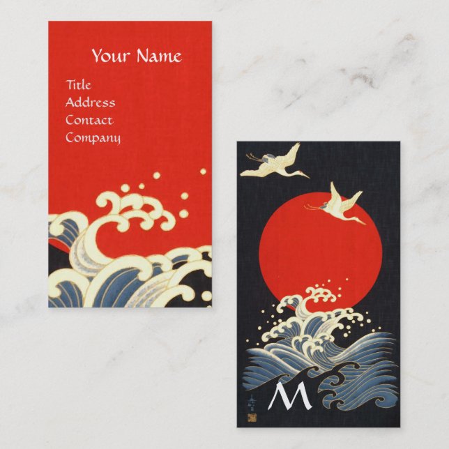 RED SUN,FLYING JAPANESE CRANES,SEA WAVES IN BLACK BUSINESS CARD (Front/Back)