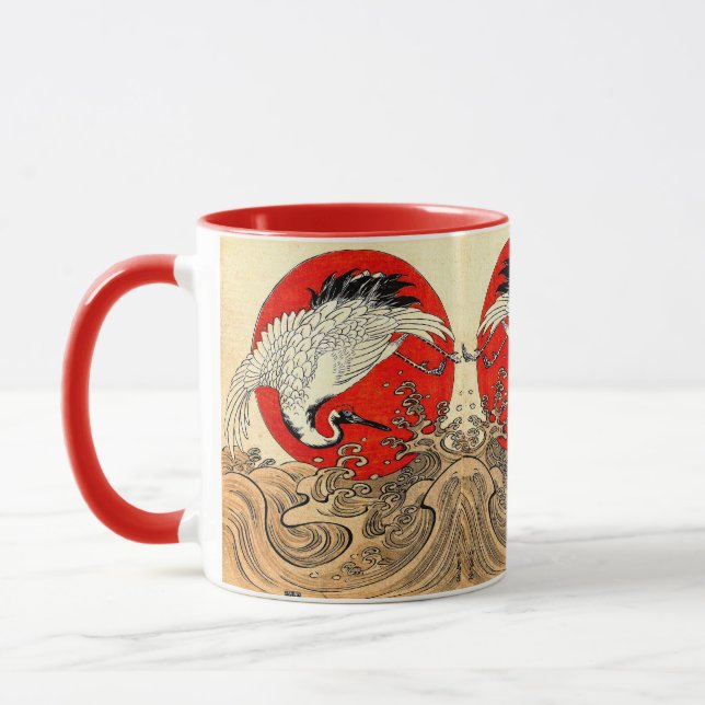 RED SUN ,JAPANESE FLYING CRANE AND SEA WAVES  MUG (Left)