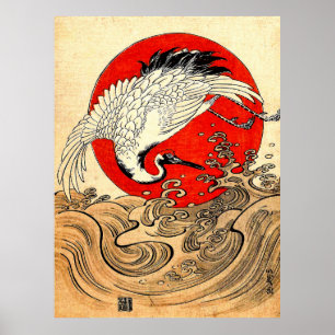 RED SUN ,JAPANESE FLYING CRANE AND SEA WAVES POSTER