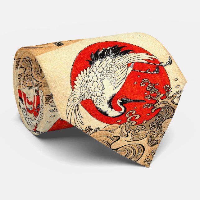 RED SUN ,JAPANESE FLYING CRANE AND SEA WAVES  TIE (Rolled)