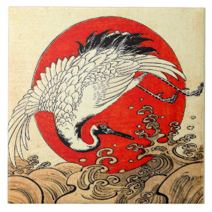 RED SUN ,JAPANESE FLYING CRANE AND SEA WAVES  TILE