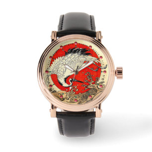 RED SUN ,JAPANESE FLYING CRANE AND SEA WAVES  WATCH