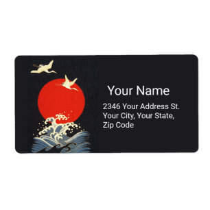 RED SUN ,JAPANESE FLYING CRANES,SEA WAVES IN BLACK