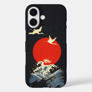 RED SUN ,JAPANESE FLYING CRANES,SEA WAVES IN BLACK iPhone 16 CASE