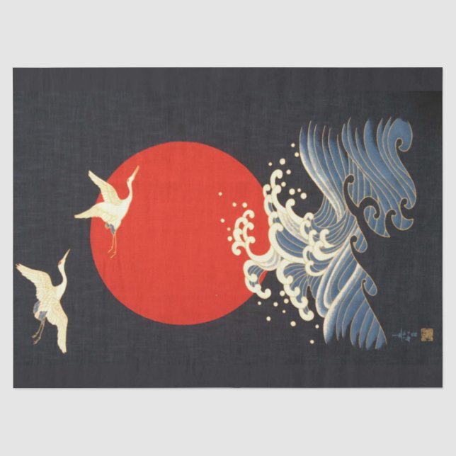 RED SUN ,JAPANESE FLYING CRANES,SEA WAVES IN BLACK TISSUE PAPER (Front)