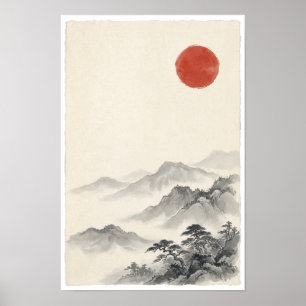 Red Sun Over Misty Mountains Poster   Japanese Min