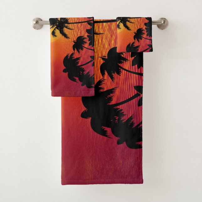Red Sun Tropical Palm Beach Bath Towel Set (Insitu)