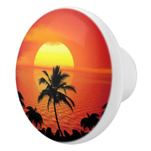Red Sun Tropical Palm Beach Ceramic Knob