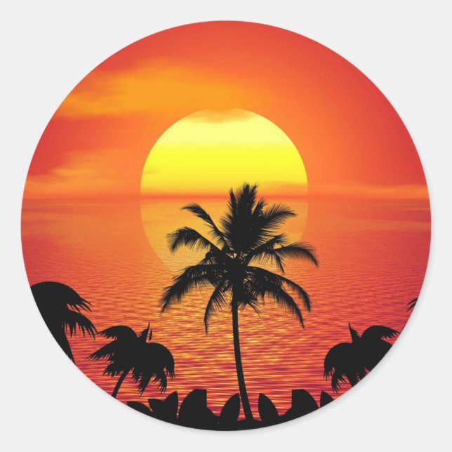 Red Sun Tropical Palm Beach Classic Round Sticker (Front)