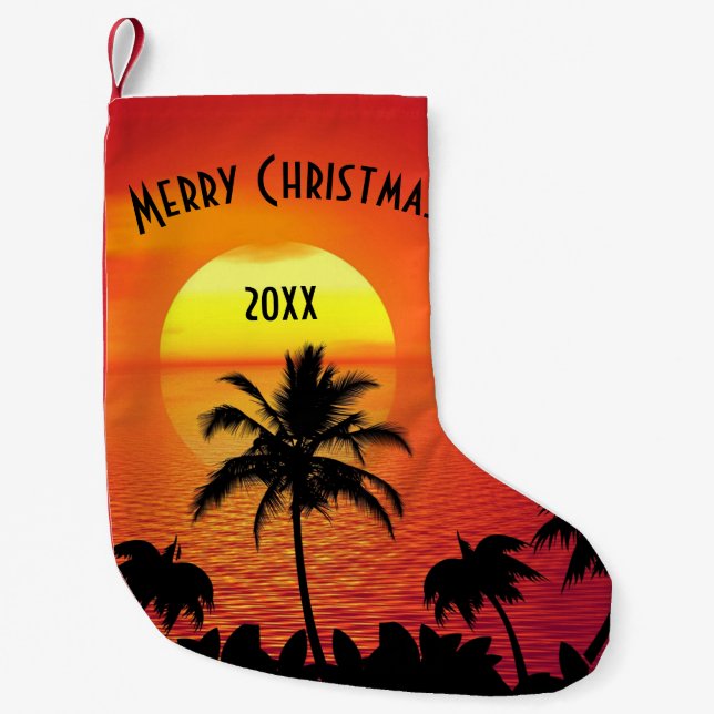 Red Sun Tropical Palm Beach Greeting Year   Small Christmas Stocking (Front)