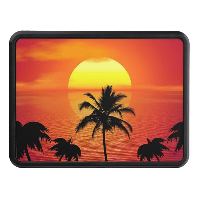 Red Sun Tropical Palm Beach Trailer Hitch Cover (Front)