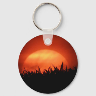 Red sundown behind black grass keychain