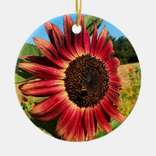 Red Sunflower Ceramic Ornament