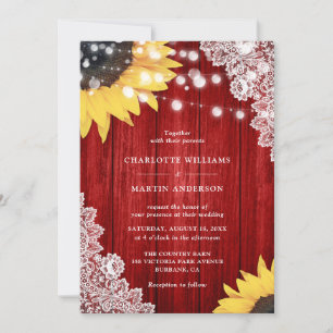 Red Sunflower Floral Lace Wood Wedding Invitation
