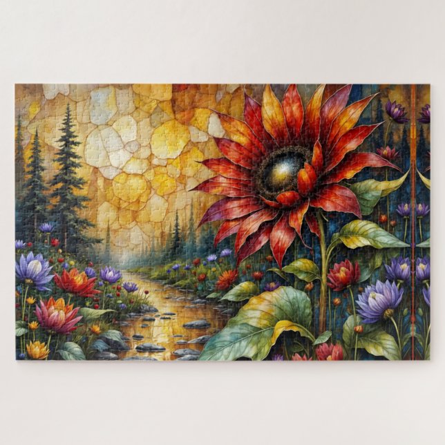 Red Sunflower in valley by stream Jigsaw Puzzle (Horizontal)