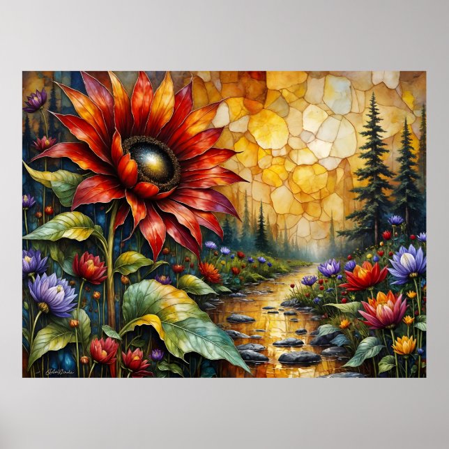 Red Sunflower in valley by stream Poster (Front)