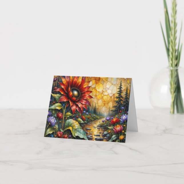 Red Sunflower in valley by stream Thank You Card (Front)