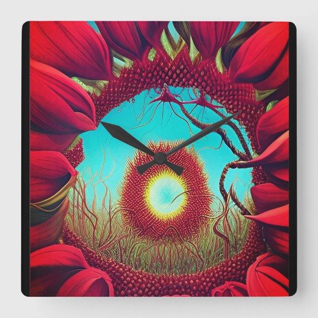 Red Sunflower Stargate  Square Wall Clock (Front)