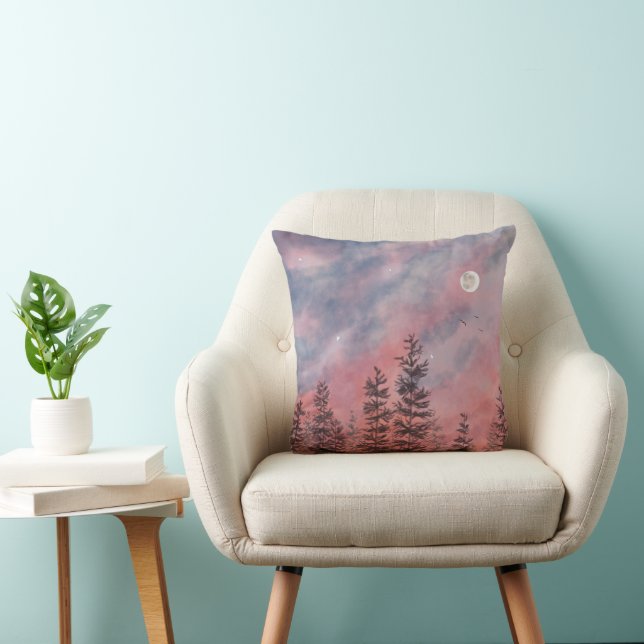 Red sunset above the forest throw pillow (Chair)