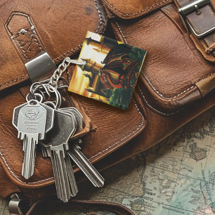 Red Sunset Castle Dragon Fantasy Keychain