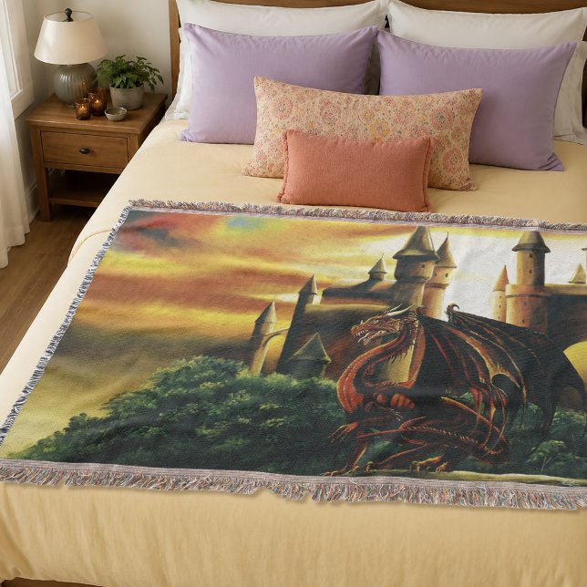 Red Sunset Castle Dragon Fantasy Throw Blanket (Creator Uploaded)