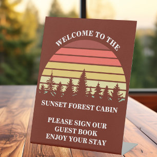 Red Sunset Forest Customized Log Cabin Pedestal Sign