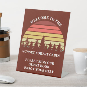 Red Sunset Forest Customized Log Cabin Pedestal Sign