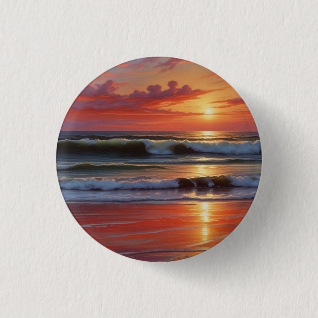 Red Sunset Ocean Seascape Painting Artwork 1 Inch Round Button (Front)