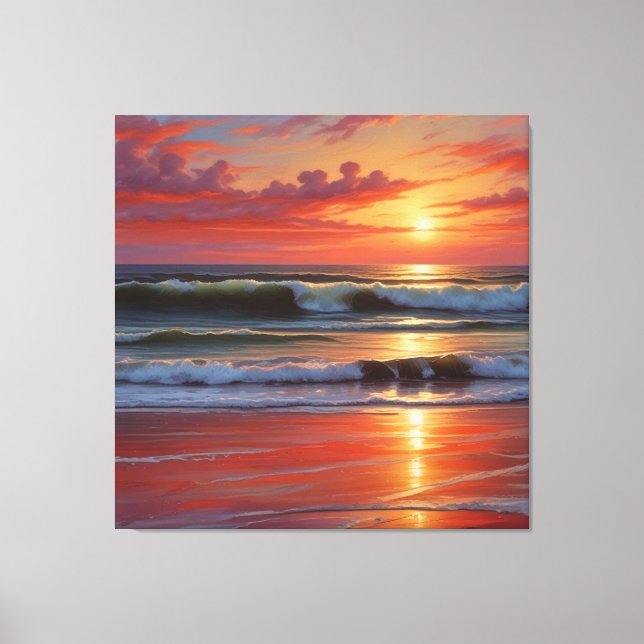 Red Sunset Ocean Seascape Painting Artwork Canvas Print (Front)