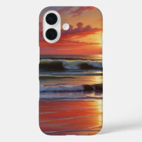 Red Sunset Ocean Seascape Painting Artwork