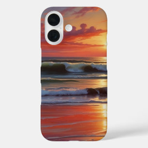 Red Sunset Ocean Seascape Painting Artwork iPhone 16 Case