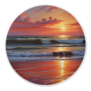 Red Sunset Ocean Seascape Painting Artwork Ceramic Knob