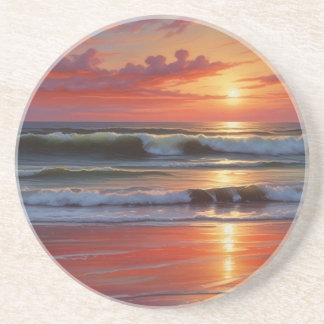Red Sunset Ocean Seascape Painting Artwork Coaster