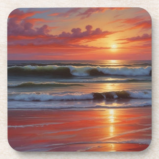 Red Sunset Ocean Seascape Painting Artwork Coaster